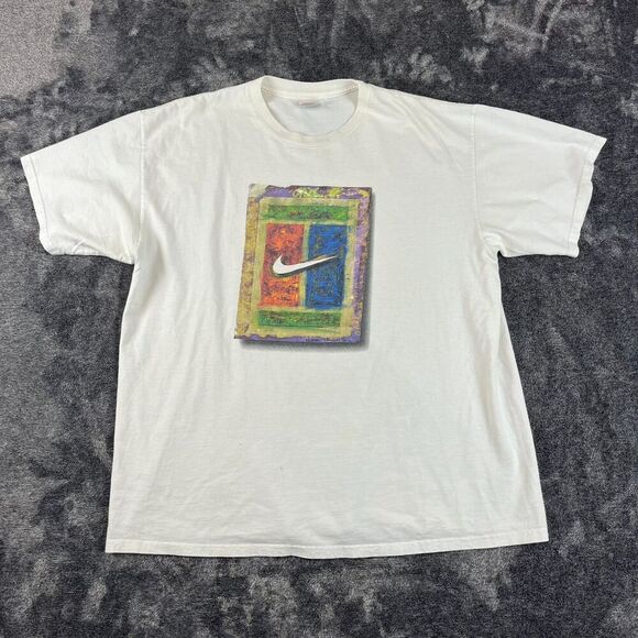 Vintage Nike Tennis Challenge Court Andre Agassi Art Swoosh T-Shirt L White* - Picture 1 of 14